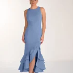 Spoločenské šaty s volánom v modrej farbe