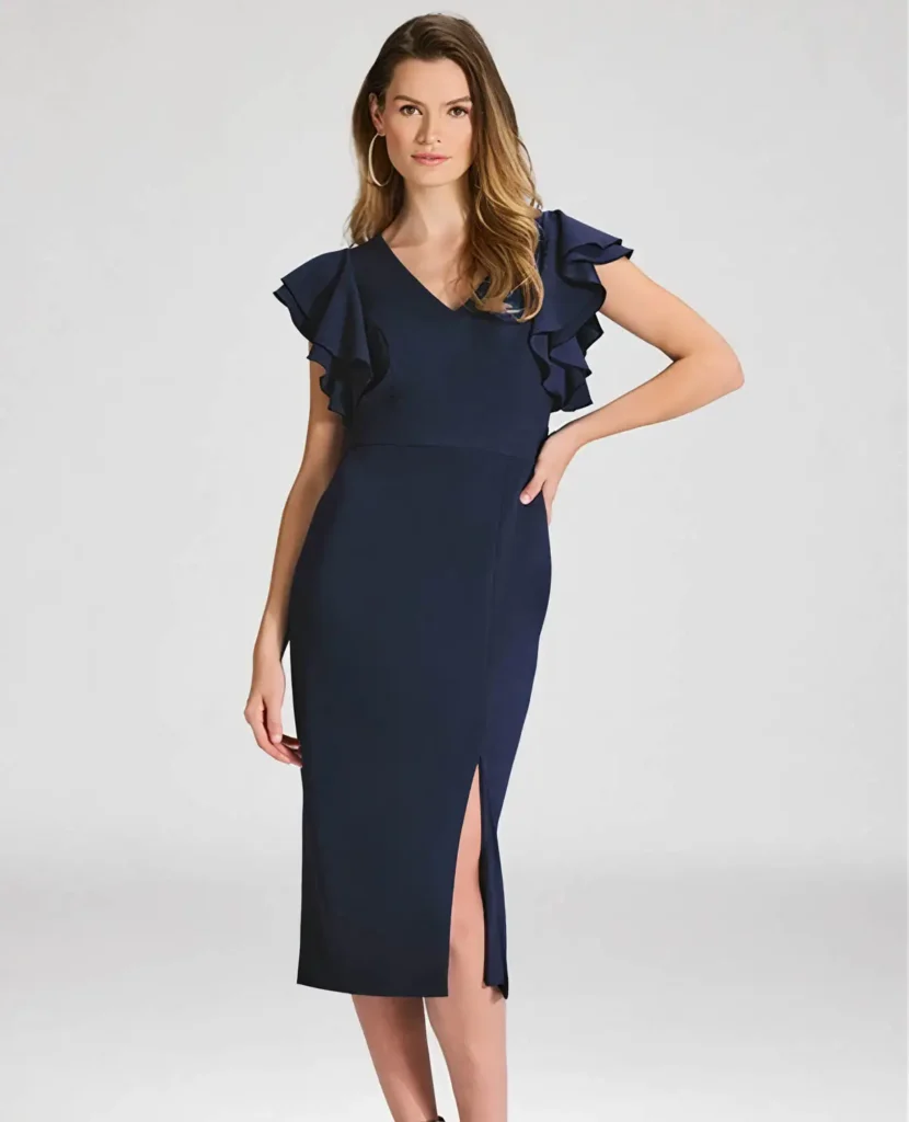 Spoločenské tmavomodré púzdrové šaty