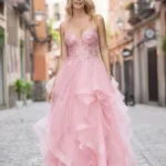 Spoločenské šaty Candy Pink s volánovou sukňou