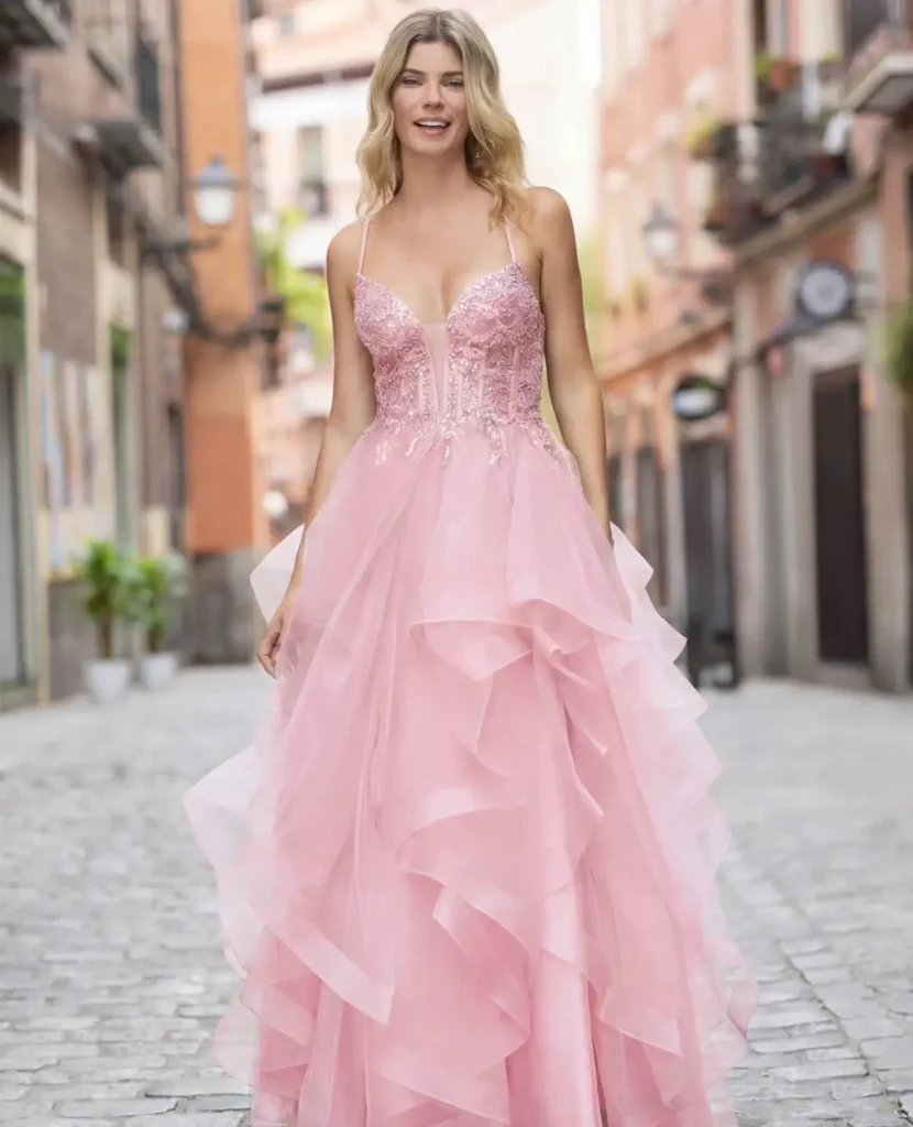 Spoločenské šaty Candy Pink s volánovou sukňou
