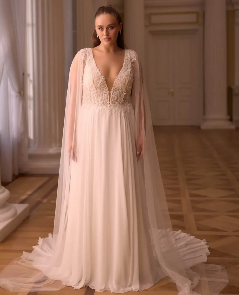 Svadobné šaty Basil s odnímateľnou pelerínou – Plus Size